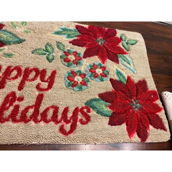 Christmas Mat Happy Holidays Poinsettias Retro Hooked Rug - Picture 3 of 8
